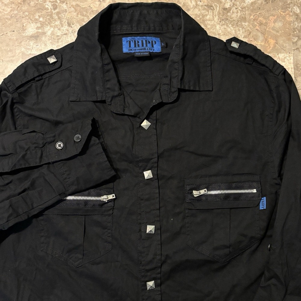 Tripp NYC Shirt Adult Large Black Pearl Snap Zipper Pockets Rave Military